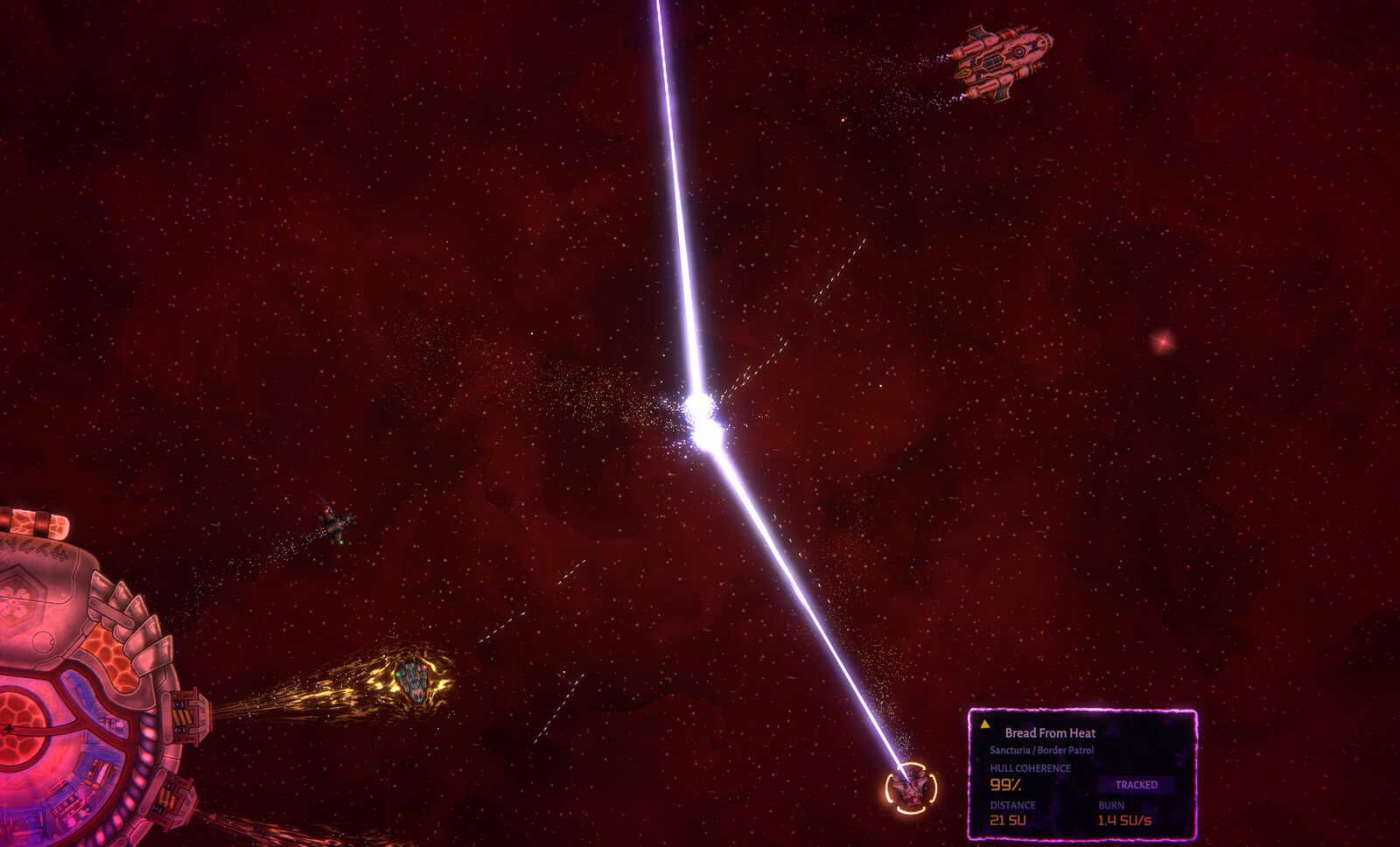 A violet beam weapon firing across red space while a tracking panel follows a border patrol ship