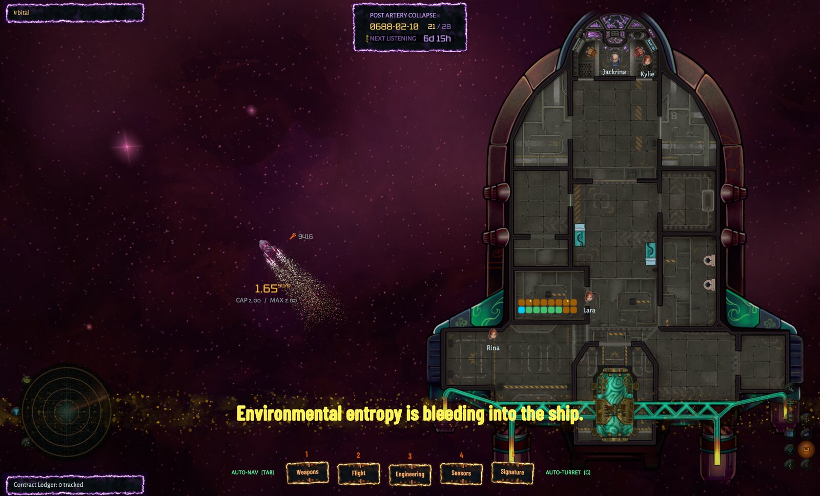 Crew resting inside the ship's quarters while a warning reports environmental entropy bleeding into the ship