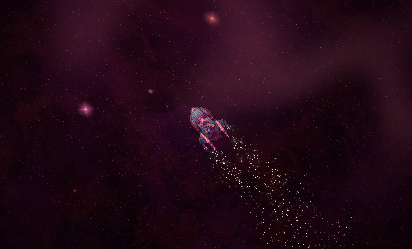 The player's ship outbound through a red nebula, a gold engine wake trailing behind it