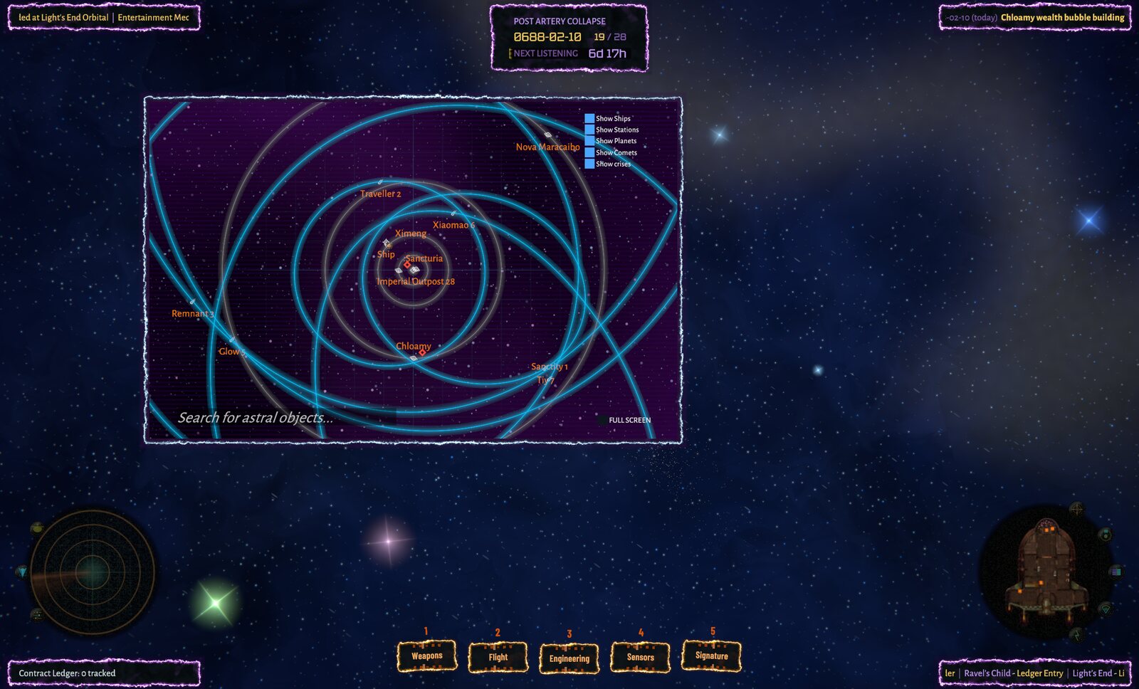 The astral chart overlay plotting the orbits of the seven worlds in cyan over a violet grid