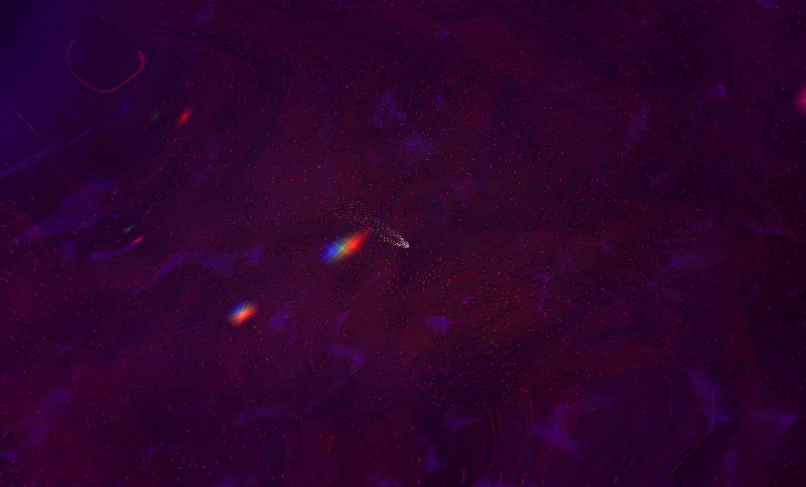 A ship mid-threshold passage, its light splitting into prismatic colors against a dark nebula