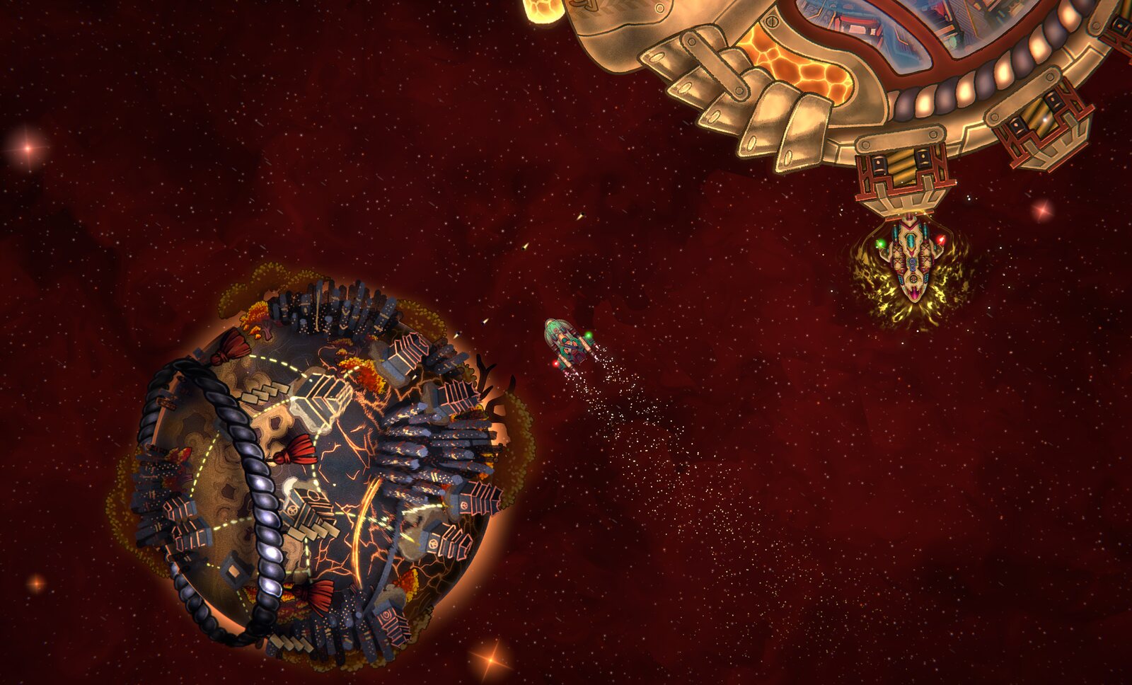 A molten industrial world wrapped in station scaffolding, near the arm of a vast golden station